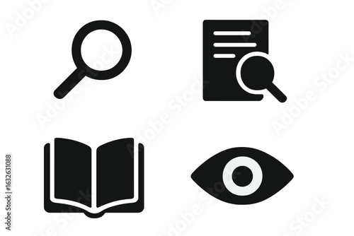 Transparency and Trust Concept Icons Set. Solid vector illustration pack with magnifying glass, document search, open book, eye symbol. Audit, review, inspection, reading, visibility, clarity.