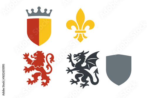 Medieval heraldry icon set with coat of arms elements. Vector collection includes royal symbols like lion rampant, dragon, fleur-de-lis, crown, and shield for family crests.