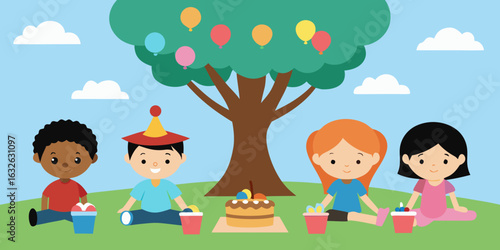 cute cartoon kids birthday picnic outdoors