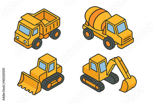 Isometric Construction Vehicles Vector Set. Dump Truck, Cement Mixer, Bulldozer, Excavator. Yellow Cartoon Heavy Equipment Icons. Industrial Transport Machines for Kids, Building, Engineering Concepts