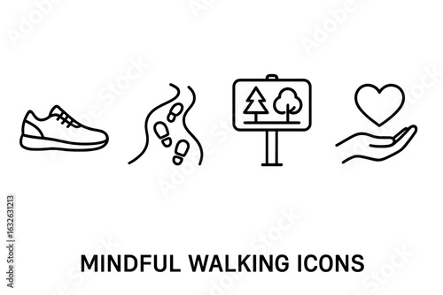 Mindful walking outline icon set. Vector icons for mental health, wellness and relaxation. Includes walking shoe, path with footprints, nature trail sign and gentle care heart.