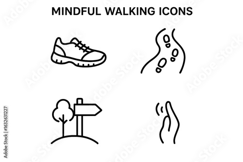 Mindful walking icon set. Outline symbols for relaxation, mental health, and meditation. Vector collection with walking shoe, footprint path, nature trail, and gentle touch.