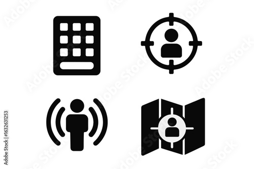 Teleport Control System Icons Set. Solid Filled Input Panel, User Target Lock, Person Signal Waves, Location Map Targeting. Futuristic Technology Elements for Sci-Fi User Interface Design