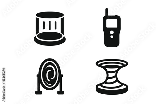Futuristic Teleportation Device Icons Set. Solid Black Vector Illustrations of Sci-Fi Teleporter Pad, Handheld Teleportation Device, Wormhole Portal, Quantum Gateway, Science Technology Isolated
