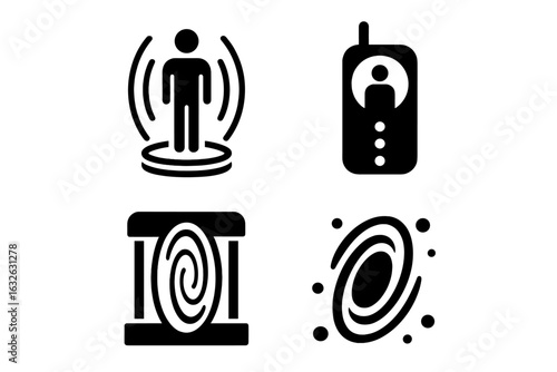 Teleportation device icons set. Futuristic solid symbols for teleport pads, handheld teleporters, wormhole portals, sci-fi gateways. Black vector illustrations, isolated modern technology concepts.