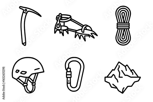 Mountaineering gear icon set. Line art vector icons of climbing equipment for alpinism and hiking. Ice axe, crampons, rope, helmet, carabiner, mountain peak symbols.