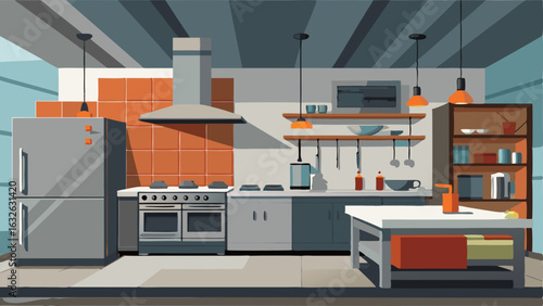 A modern industrialstyle kitchen with stainless steel appliances and concrete countertops.