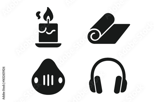 Therapeutic Tools Icon Set. Solid Black Vector Symbols of Calming Candle, Yoga Mat, Breathing Mask, Headphones. Stress Relief, Meditation, Mindfulness, Relaxation, Mental Health, Wellness Concept