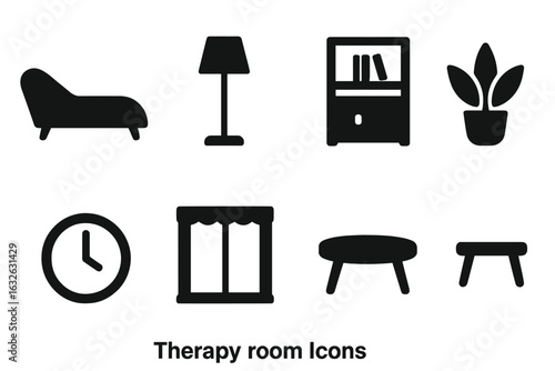 Therapy room furniture and decor solid icons set. Couch, lamp, bookshelf, plant, clock, window, coffee table, bench. Counseling space vector illustration. Mental health environment clipart.