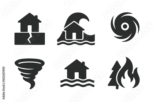 Natural disaster solid icon set. Catastrophe and emergency symbols. Vector glyph collection of earthquake, tsunami, hurricane, tornado, flood, and wildfire pictogram.