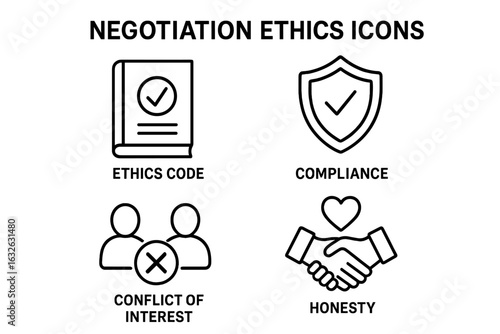 Negotiation ethics outline icon set. Business integrity concepts like compliance, honesty, conflict of interest, and corporate policy. Vector graphic for trust and agreement.