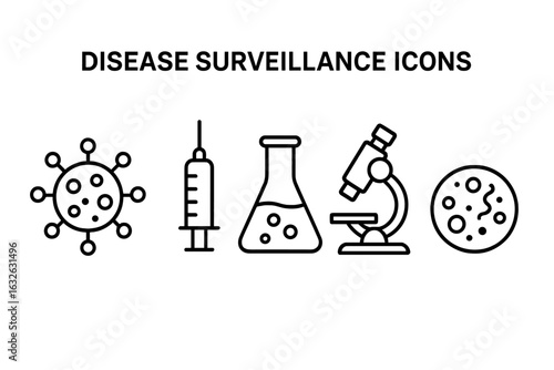 Disease surveillance outline icons set. Virus, syringe, laboratory flask, microscope, petri dish. Epidemiology monitoring, infection prevention, vaccine research. Medical science vector illustration