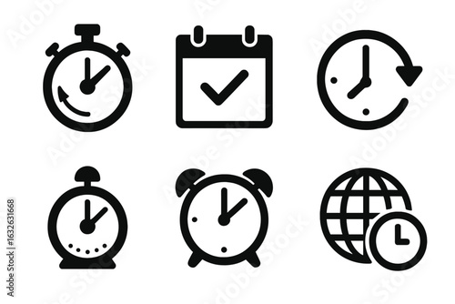 Time management and efficiency icon set. Stopwatch, timer, calendar with check mark, schedule clock, alarm clock, timezone, planning, deadline, reminder, solid vector icons for productivity.