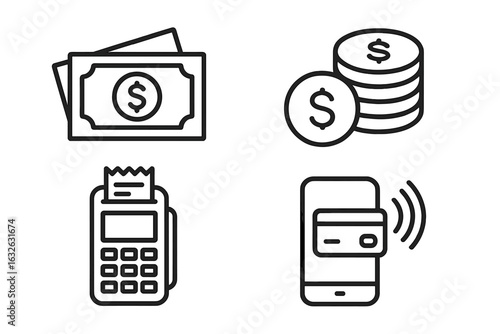 Payment methods outline icon set. Vector line icons for finance and commerce. Includes cash money, coins, POS terminal, and mobile contactless NFC payment for web and app.
