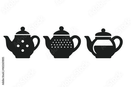 Teapot Material Icons Set. Solid Silhouette Vector Collection Featuring Porcelain Surface, Cast Iron Body, Glass Teapot. Kitchen Utensils, Tea Brewing, Teaware Materials, Transparent Background.