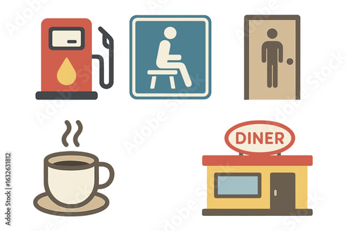 Pit stop essentials icon set. Flat vector graphic collection for road trip concept. Includes fuel pump, rest area, bathroom sign, coffee cup, and roadside diner icons.