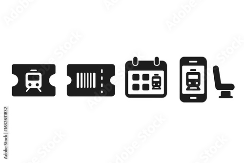 Train Ticket Booking and Reservation Icon Set. Solid Monochrome Vector Symbols for Digital and Physical Tickets, QR Code, Barcode, Travel Calendar, Mobile Booking App, Seat Reservation
