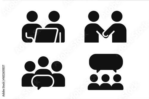Teamwork collaboration icons set. Business meeting, group communication, shared screen, paired students in project, handshake partnership, teamwork discussion, brainstorming chat bubbles vector
