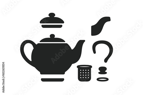 Teapot parts solid vector icon set. Teapot components isolated: body, lid, spout, handle, tea infuser, knob, base ring. Black filled kitchen utensil silhouettes. Tea making equipment illustration.