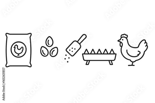 Poultry feeding outline icon set. Chicken farming equipment icons. Feed sack, corn kernels, scoop, trough feeder, bird. Agriculture and livestock vector symbols.