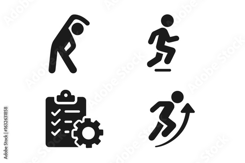 Training exercise icons set. Fitness warm-up stretching, jump movement, athletics preparation, checklist strategy, progress, improvement metaphors. Health, gym, sports preparation solid vector