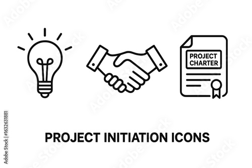 Project initiation phase outline icon set. Vector icons for business startup, idea generation, stakeholder agreement handshake, and official project charter document.