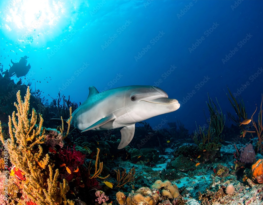 Fototapeta premium Dolphin in vibrant coral reef