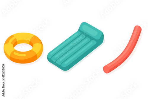 Isometric Float Pool Accessories Set. Inflatable Swim Ring, Air Mattress, Pool Noodle. Summer Water Toys Collection. Pool Party Equipment, Recreational Floating Gear, Cartoon Vector Illustration