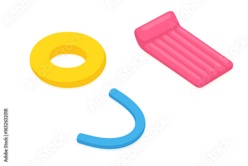 Summer Pool Float Collection. Isometric Vector Set of Inflatable Pool Accessories Including Swim Ring, Air Mattress, and Pool Noodle. Swimming Pool Toys and Water Activities Illustration.