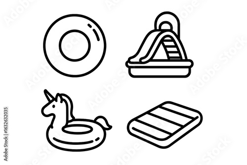 Inflatable Water Toys Outline Icon Set. Vector Line Art of Pool Float Ring, Water Slide, Unicorn Inflatable, Floating Mattress for Summer Swimming Pool, Beach Party, Kids Recreation, Holiday Fun