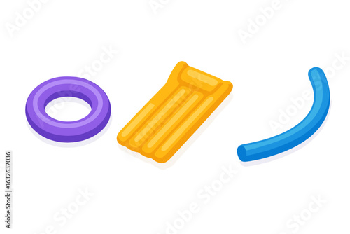 Isometric Vector Set of Inflatable Pool Accessories. Swimming Pool Float Ring, Air Mattress, Pool Noodle in Colorful 3D Style. Summer Water Toys Collection for Kids and Adults. Recreation and Fun.