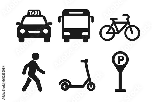 Urban transport icon set. Black solid vector symbols of taxi, bus, bicycle, electric scooter, pedestrian, parking meter. Modern city street transport pictogram collection for apps and signage.