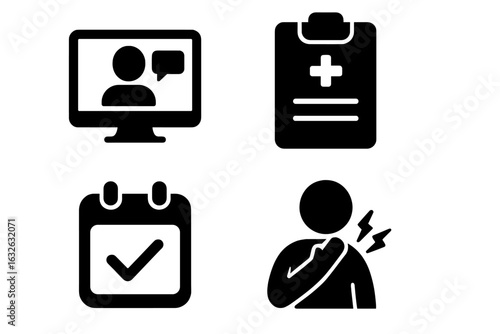 Telehealth icon set, solid vector icons of video medical consultation, health clipboard report, online appointment booking calendar, symptom pain detection for telemedicine services