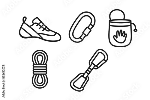 Rock climbing equipment icon set. Line art vector of essential gear. Chalk bag, quickdraw, carabiner, climbing shoe, and rope. Outdoor adventure sport and hobby symbols.