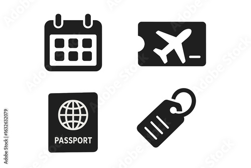 Travel Icon Set—Solid Black Vector Illustrations of Travel Essentials, Flight Booking Calendar, Airplane Ticket, Passport, Luggage Tag for Itinerary, Journey, Tourism, Vacation, Business Trip