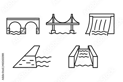 River infrastructure outline icon set. Vector line art collection of water engineering symbols like stone bridge, suspension bridge, dam, levee, and canal lock.