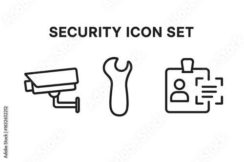 Security and loss prevention icon set. Outline vector icons for safety and protection, including CCTV surveillance camera, retail tag detacher, and access control ID badge.