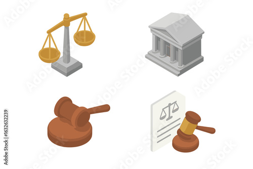 Isometric law and justice icons set. Golden scales, wooden gavel, courthouse building, legal document. Justice system symbols, court icons, law firm, legal advice, arbitration, transparent background.