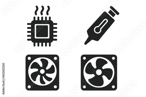 CPU Temperature Control Icons Set. Vector Illustration of Electronic Components: Overheating Processor, Thermal Paste Syringe, Computer Cooling Fans. Black Solid Silhouette Symbols for PC Maintenance