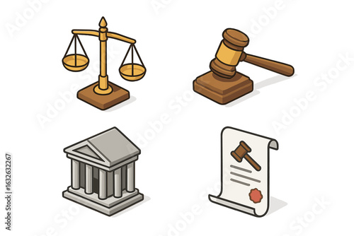 Justice and Law Isometric Icons Set – Scales of Justice, Judge's Gavel, Courthouse Building, Legal Document, Law Symbols, Courtroom Elements, Vector Illustration, Legal System Concepts