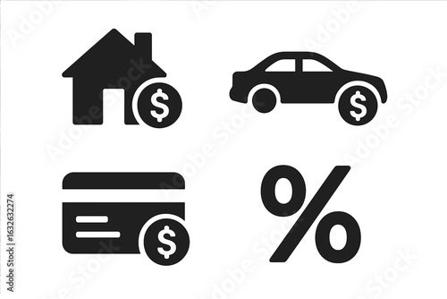 Financial loan service icon set. Solid black vector illustrations of mortgage, auto loan, car leasing, credit card payment, banking, interest rate percentage, money, finance, economy, lending symbols.