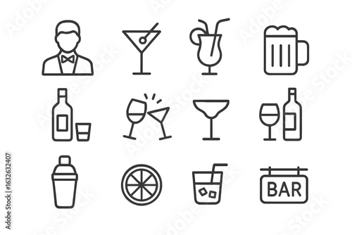 Minimalist bar and lounge icon set with bartender, cocktail drinks, beer, wine glass, shaker, garnish, bar sign, and alcohol bottles vector, outline style, for restaurant app, menu, or branding