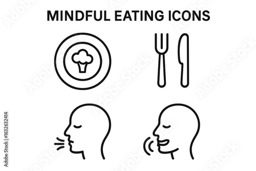 Mindful eating icon set. Outline symbols of mindful eating habits. Plate with healthy portion, fork and knife, mindful chewing, savoring food, talking, awareness practice. Vector illustration.