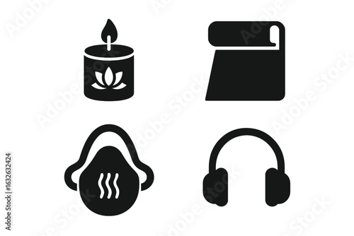 Therapeutic Tool Icons Set. Solid Vector Collection. Calming Aromatherapy Candle, Yoga Mat, Breathing Mask, Headphones. Meditation, Relaxation, Stress Relief, Mindfulness, Wellness, Self-Care Symbols