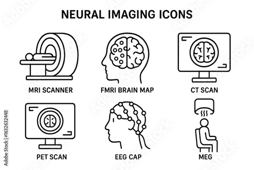 Neural imaging technique icons set. Outline vector concept of MRI scanner, fMRI brain mapping, CT scan, PET scan, EEG cap, MEG for neuroscience, medical diagnostics, brain research, neurology tools