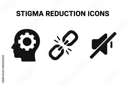 Stigma reduction icon set for mental health awareness. Vector icons of open mind, broken chain, and breaking silence. Psychology and social issues concept illustration.