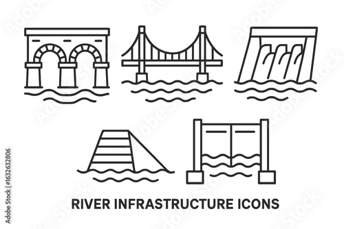 River Infrastructure Icons Set. Outline Vector Illustration of Stone Bridge, Suspension Bridge, Dam, Levee, Canal Lock. Water Engineering Structures, Flood Control, Hydraulic Engineering Elements