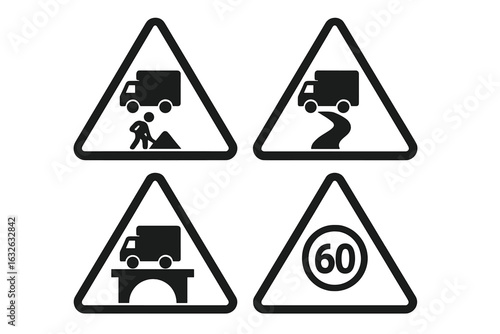 Truck road warning signs icon set. Vector symbols for traffic safety and regulations. Includes construction zone, curvy road, bridge crossing, and speed limit for trucks. Solid black pictograms.