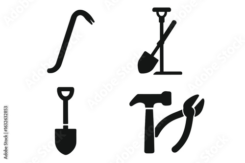 Vector set of solid filled hand tool icons for construction and maintenance. Crowbar, stake puller, shovel, hammer, wire cutter. Stake removal, repair, garden, building tools isolated