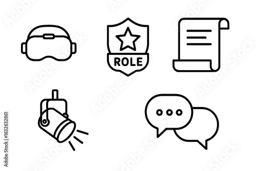 Outline Role Play and Simulation Icon Set. Vector Line Art of VR Headset, Role Badge, Script Scroll, Stage Spotlight, Dialogue Speech Bubbles. Interactive Acting, Gaming, Theater, Workshop Concept
